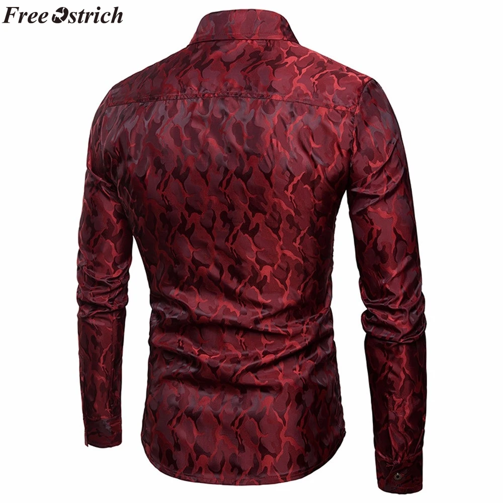 FREE OSTRICH Men's Shirt 2019 Camouflage Design Silk Cloth Luxury Official Dark Business Plaid Slim Long Sleeve Top | Мужская одежда