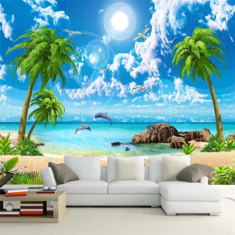 wellyu HD beautiful fantasy seascape coconut beach landscape TV background wall custom large mural green silk cloth wallpaper |