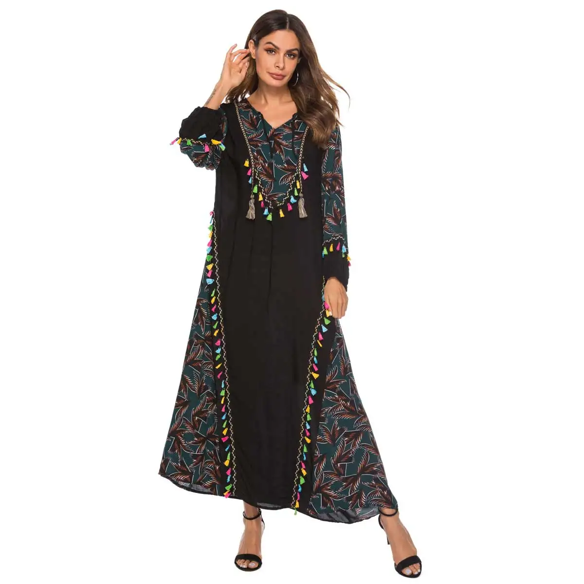 2019 Винтаж с рисунком из кусков женское мусульманское платье длинным рукавом