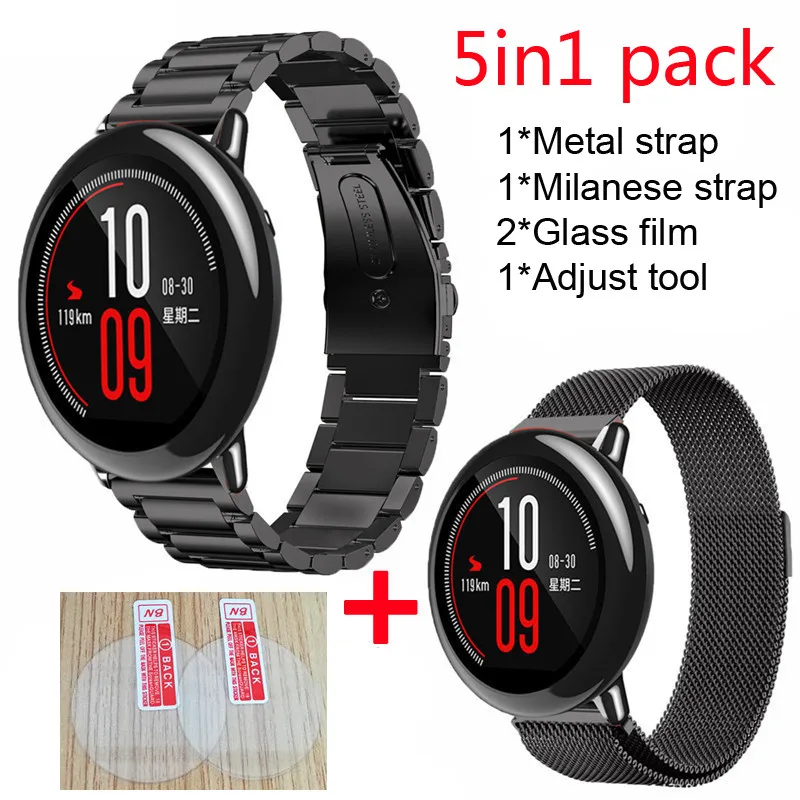 01 5в1 Браслет Для Xiaomi Huami Amazfit pace умные часы с ремнем+ Защитное стекло для экрана металлический Миланский пояс из нержавеющей стали - Цвет: 01