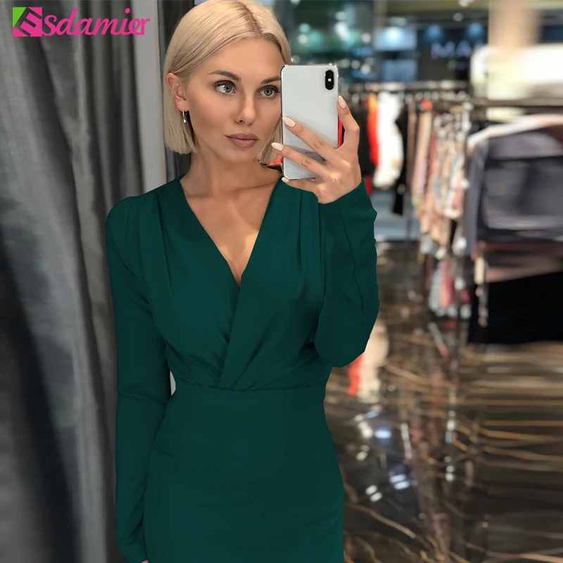 Женское облегающее платье ESDAMIER офисное элегантное до колена с v образным вырезом