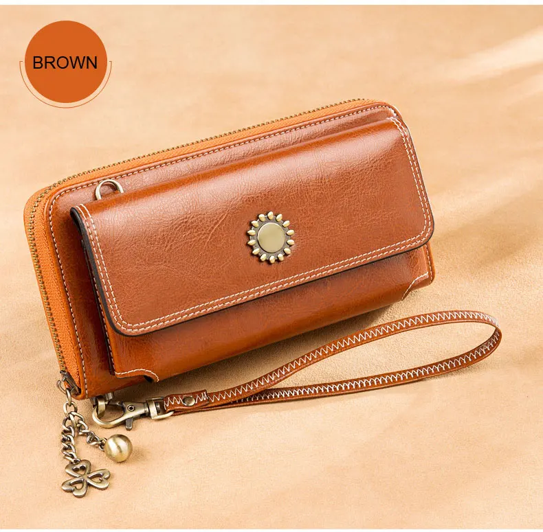 Vintage Oil Wax Leather Women Wallets Long Zippers Purse Genuine Leather Wallet Female Clutch Multifunction Big Capacity Wallet