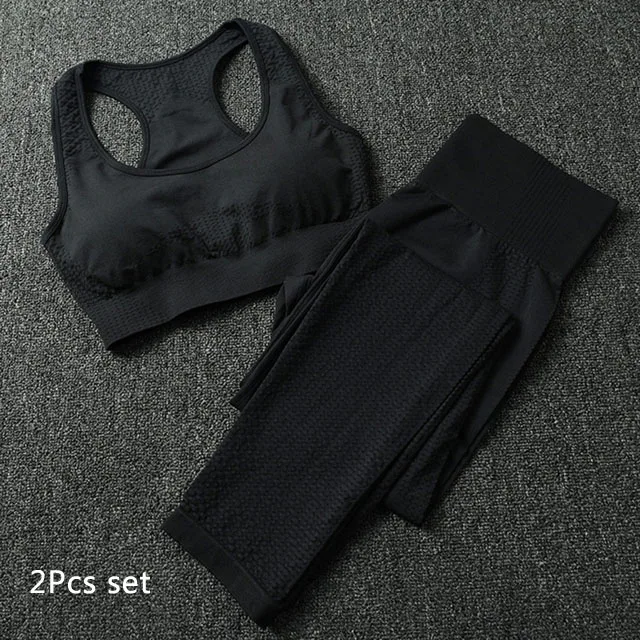 Black 2Pcs Set Энергии бесшовные леггинсы+ бюстгалтер на бретельках, комплект из 2 предметов, набор для йоги Для женщин Одежда для фитнеса, тренажерного зала с высокой талией для йоги леггинсы комплект спортивная одежда для бега - Цвет: Black 2Pcs Set