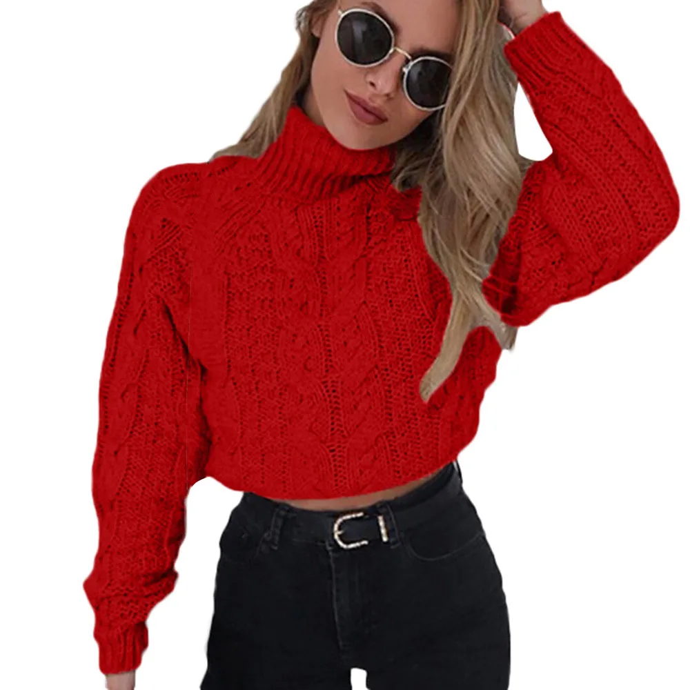 Girls Winter High collar sexy umbilical twist Casual Knitted Pullover Sweater fashion 2018 women Solid Color Cropped Sweaters | Женская