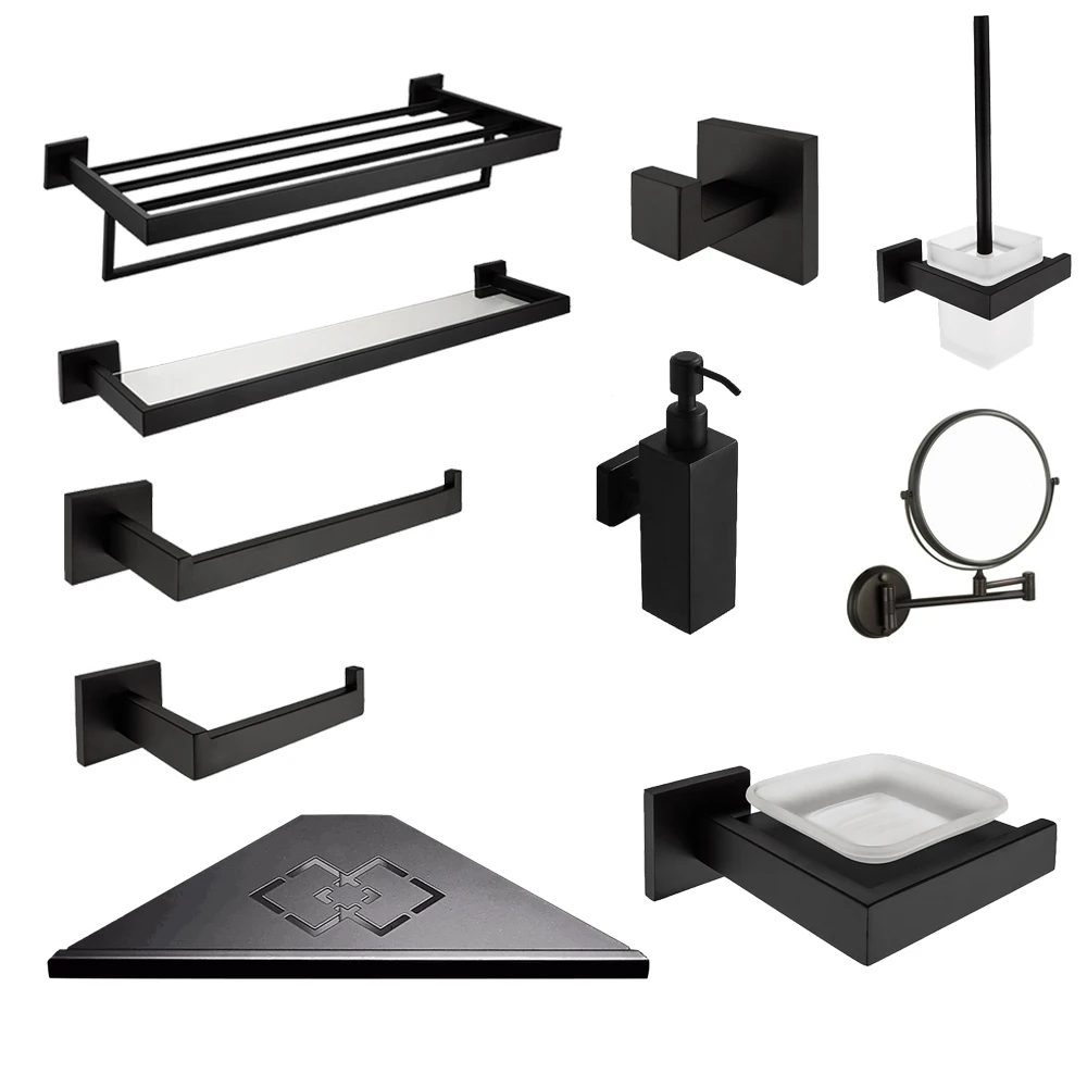 

Paper Holder Glass shelf Soap Dispenser Bathroom Accessories Set 304 Stainless Steel Black Soap Dispenser Bathroom Hardware Set
