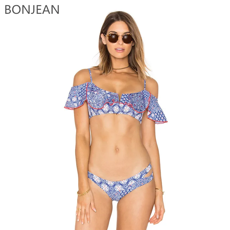 2018 New Bikini Set Women Bandage Push Up Swimsuit Low Waist Backless Swimwear Print Blue Summer Beach Swim |