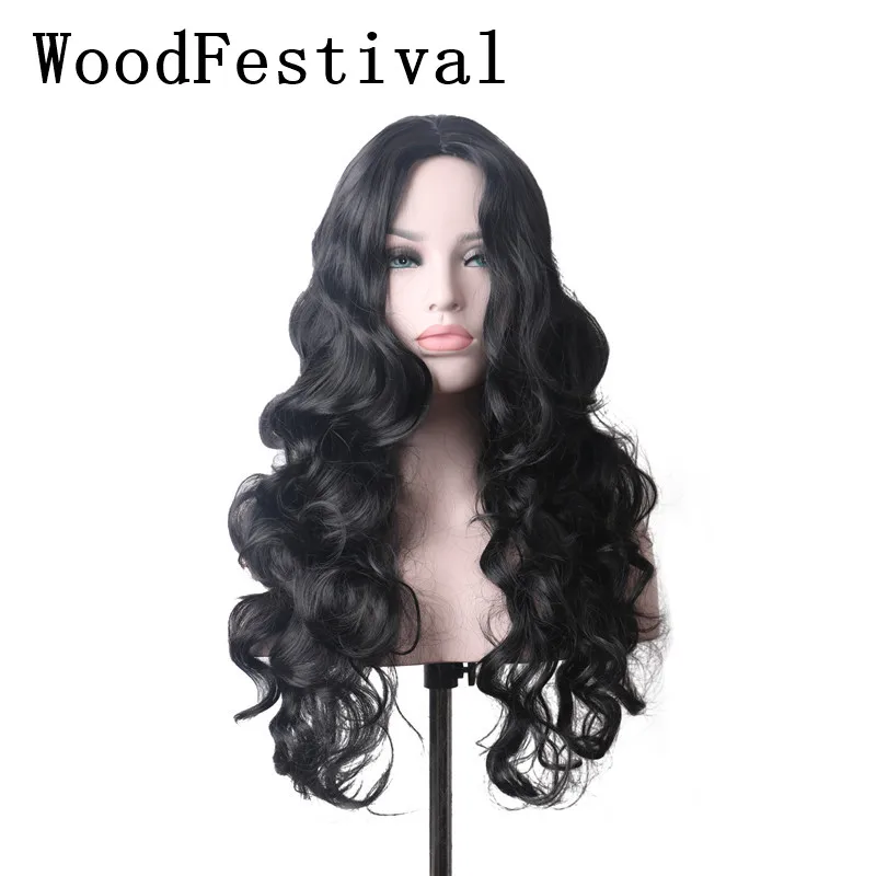 WoodFestival вьющиеся женские черные парики Длинные Косплей Высокая температура волокна Дамы термостойкие синтетические парики