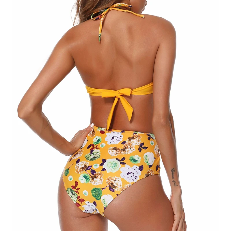Bikinx желтый принт бикини с гофрированным верхом 2019 mujer Купальники Высокая талия