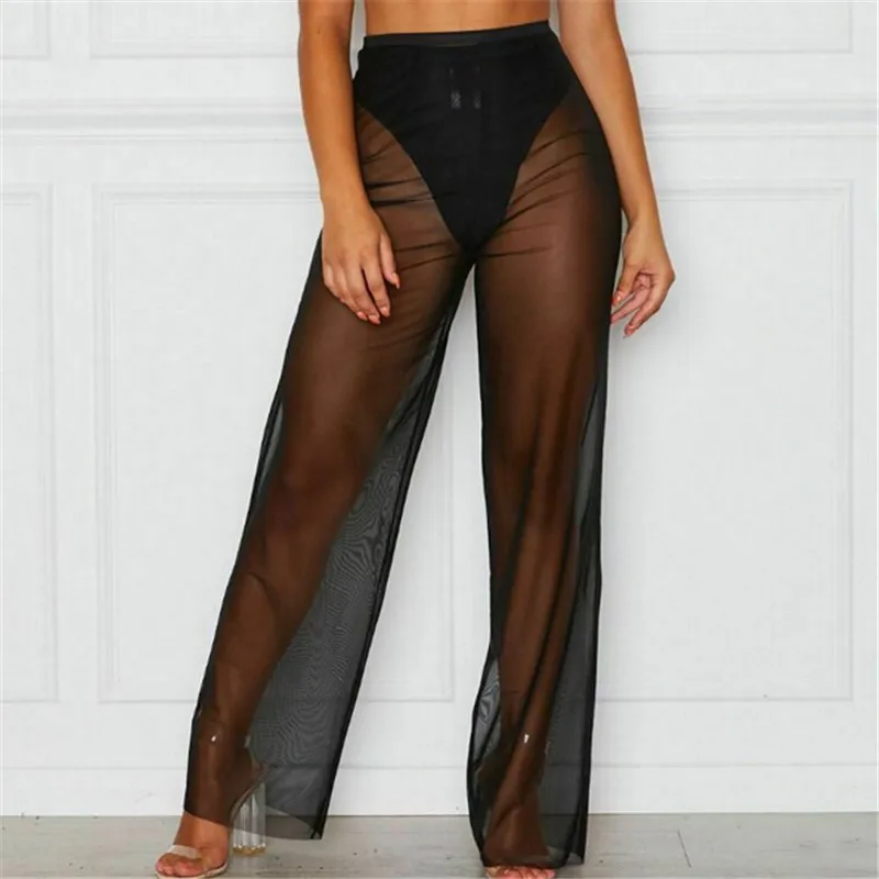 Новые пикантные Женские однотонные пляжные сетчатые прозрачные длинные брюки с