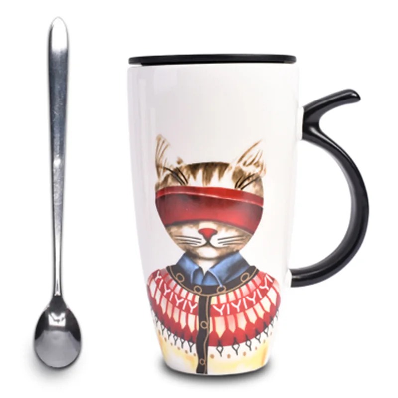 Style E Mug Классный Кот керамическая кофейная кружка с крышкой большая Ёмкость 600 мл кружка творческий посуда для кофе Чай чашка с ложка подарок - Цвет: Style E Mug