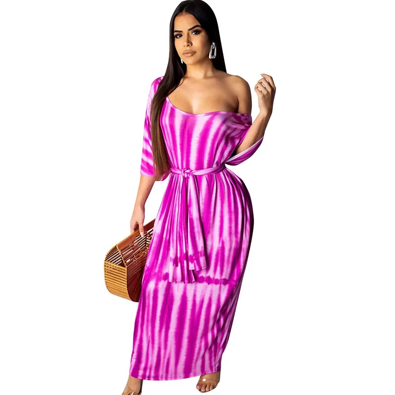 Женское летнее платье-макси с рукавом летучая мышь в полоску | Женская одежда