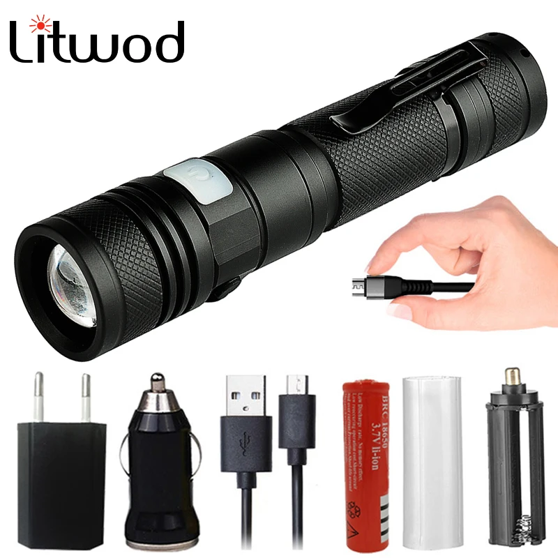 Z20 1301 Litwod Micro USB Перезаряжаемый светодиодный яркий фонарь T6 масштабируемый 5