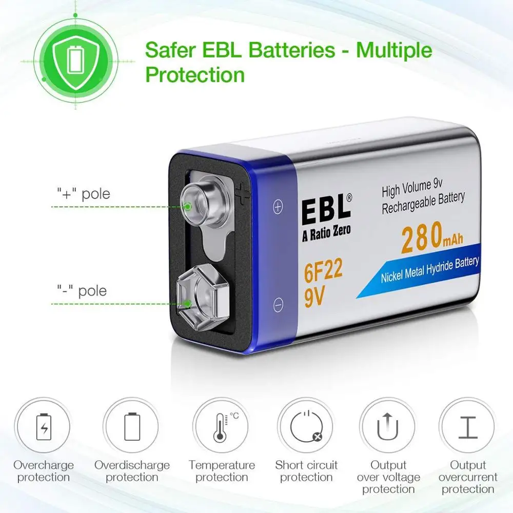 EBL 2 Упак. 280mAh Высокая емкость 9V 6F22 перезаряжаемые батареи [Домашняя Базовая Серия]