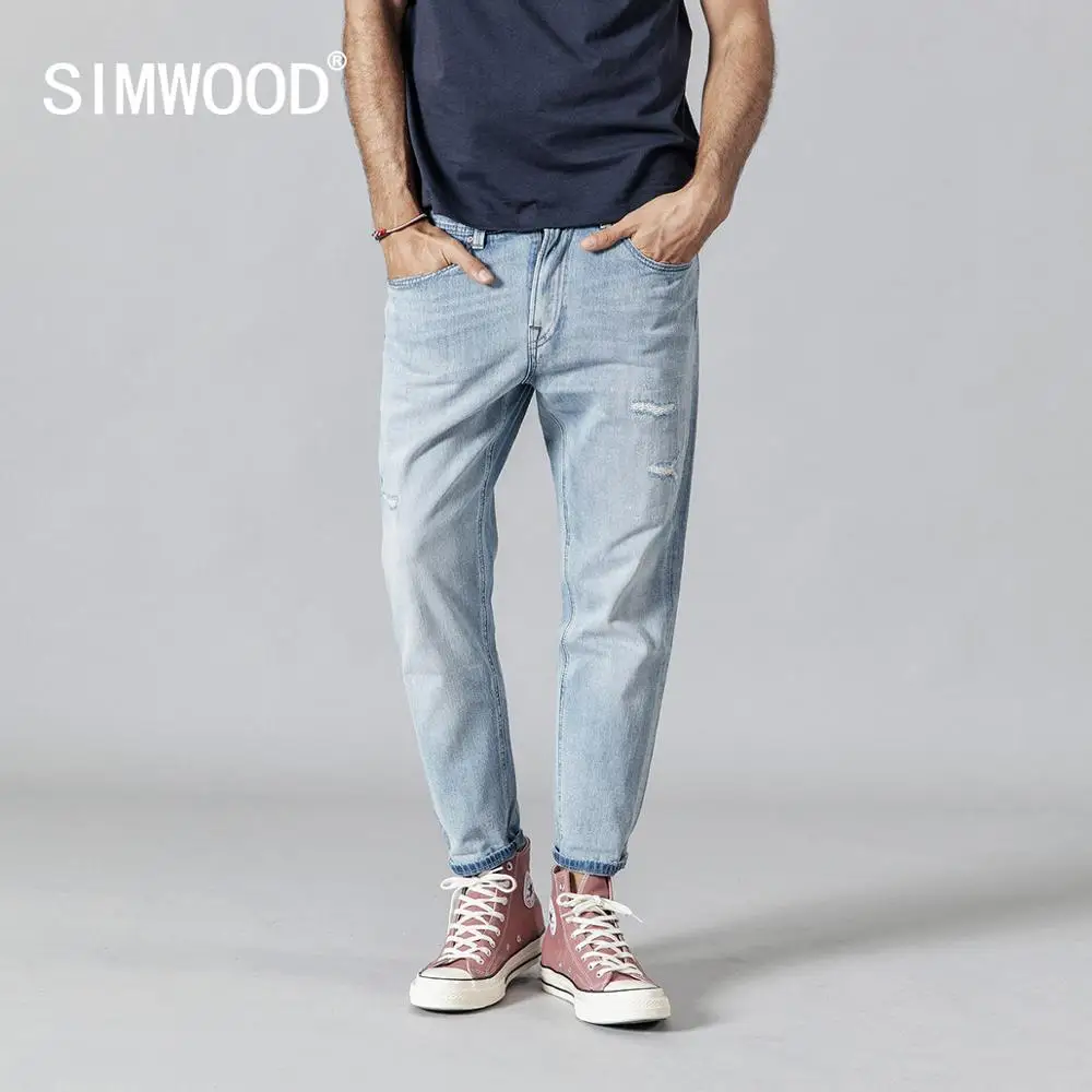 Мужские рваные джинсы SIMWOOD джинсовые штаны длиной до щиколотки брюки из голубого