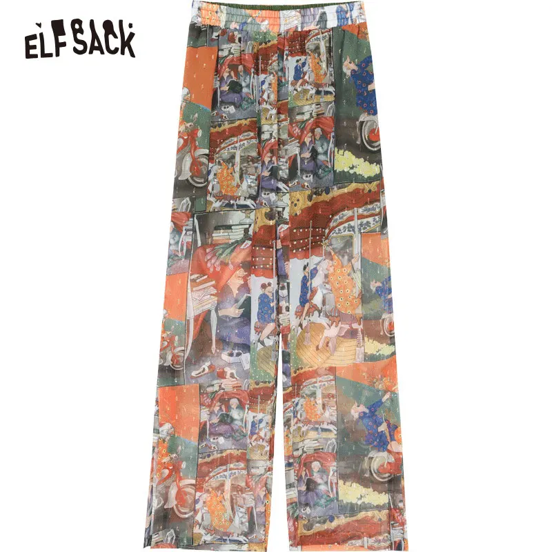 Женские широкие брюки ELFSACK черные повседневные с винтажным принтом и высокой