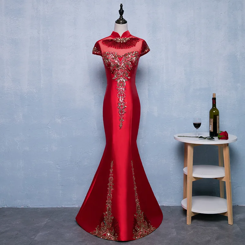 burgundy Китайское вечернее платье, винтажное, с вышивкой, расшитое блестками, длина до пола, длинное платье макси, Ретро стиль, с открытой спиной, женское платье, большой размер 3xl - Color: burgundy