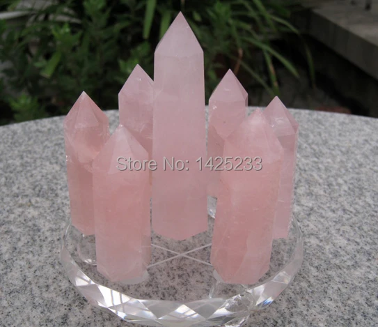 

natural rose Seven Star Group quartz crystal point wand healing+stand