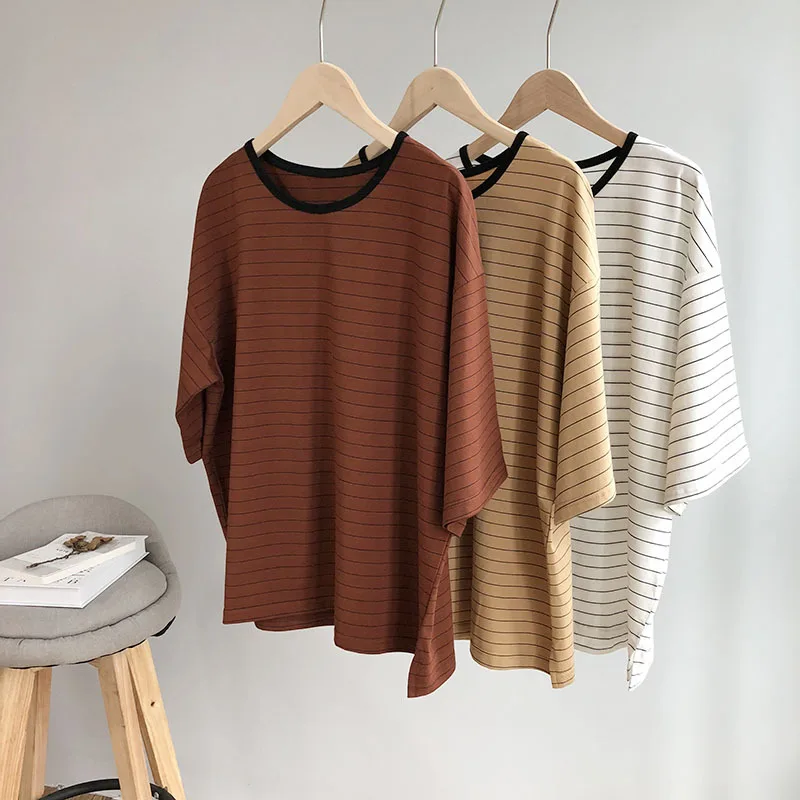 Oversize футболки в полоску Для женщин летние модные свободные с рукавами летучая
