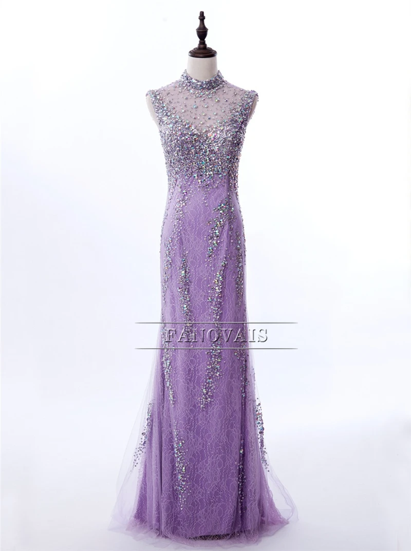 Real Made Lilac Prom Dresses Long High Neck Luxury Crystal Beaded Mermaid Evening Dresses 2019 Vestido de Fiesta Largo PD69