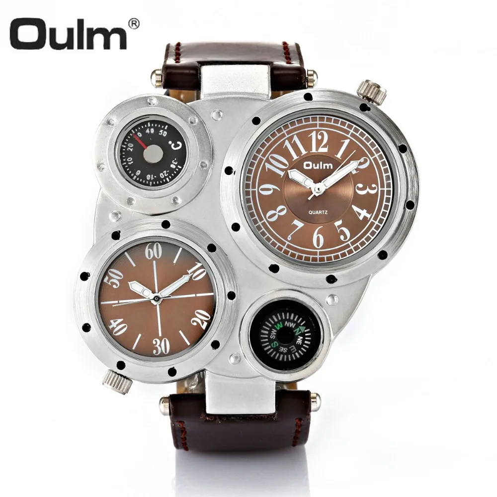 OULM Уникальный Дизайн Кварцевые часы для мужчин коричневый кожаный ремешок