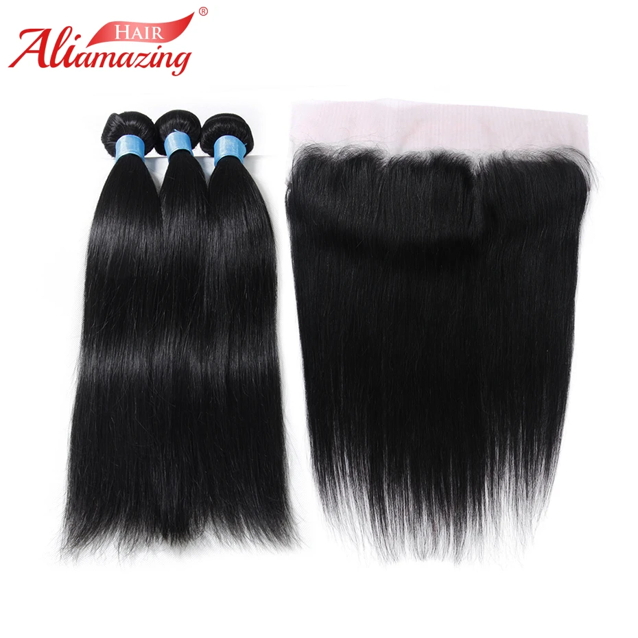 

Ali Amazing Hair Brazilian Straight Hair 3 Bundles with 13x4 Lace Frontal Remy Human Hair Bundles with Frontal 4pcs/lot #1B
