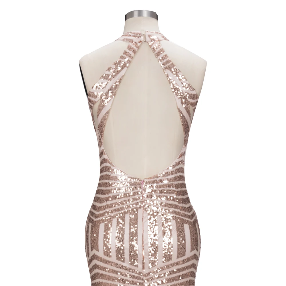 Женское длинное блестящее платье-русалка розовое платье с лямкой на шее и