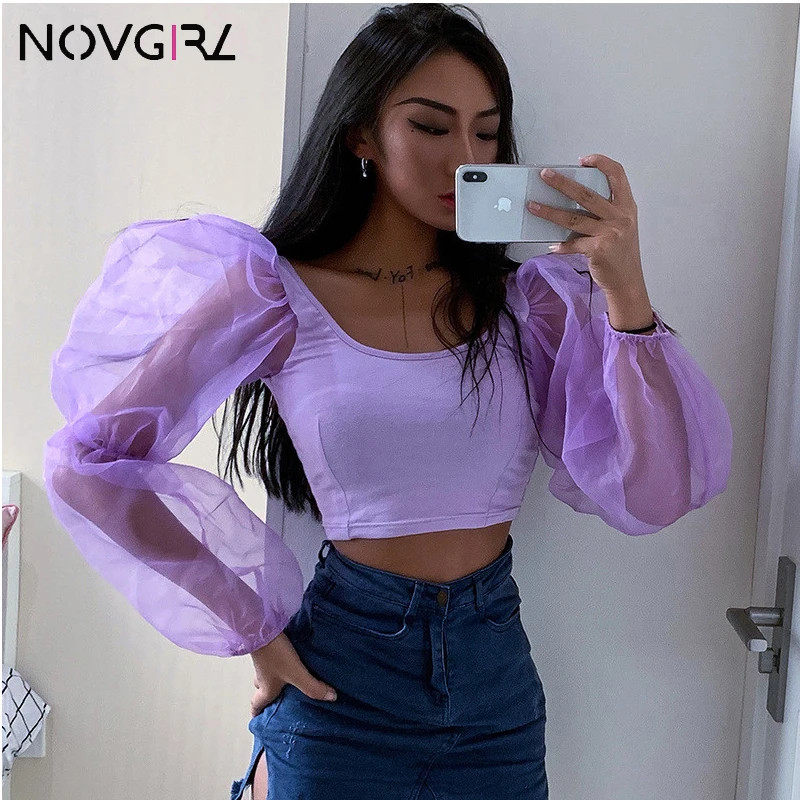 Сексуальная Сетчатая футболка Novgirl с длинным рукавом и открытым верхом модель 2019