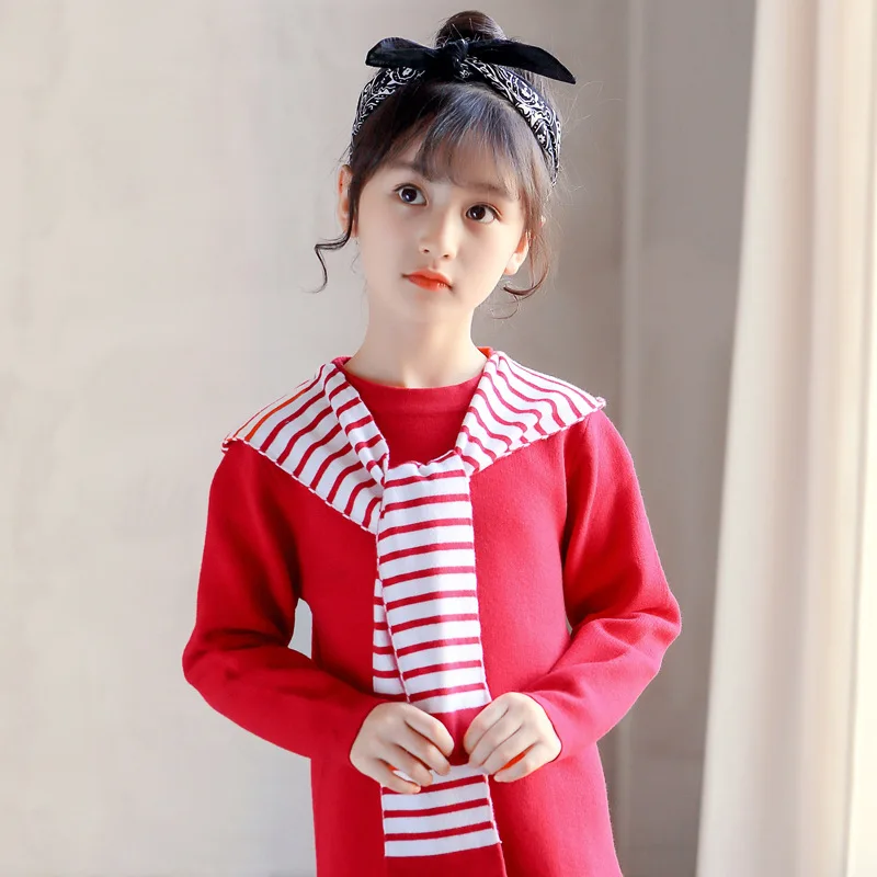 

Girls 4-14 Y Autumn Casual Hooded Long Sleeve Pullover Ruffle Sweater Dress Fashion Shoulder Ribbons Knitting Mid-long Sweaters