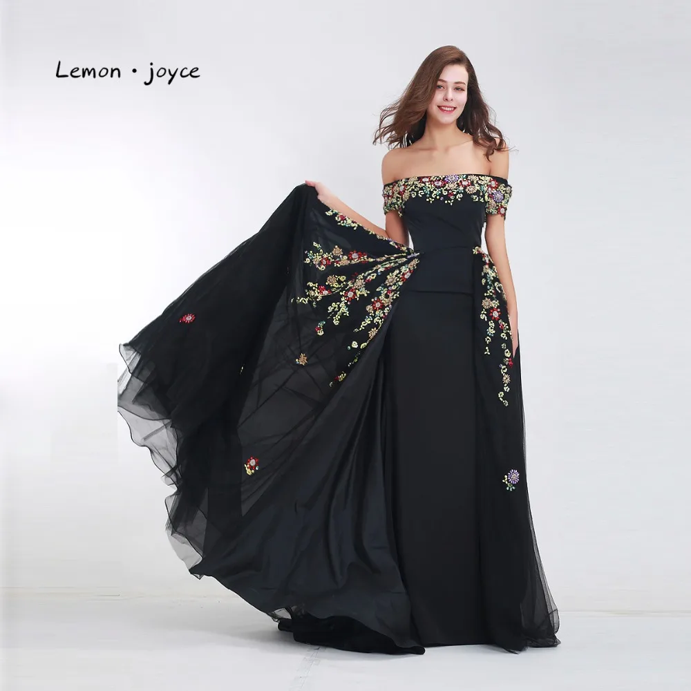 Lemon joyce черные вечерние платья Длинные с элегантным съемным воротником вечерние платья для выпускного вечера размера плюс Дубай Арабский халат De Soiree