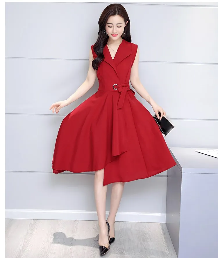 2019 Summer Women Sleeveless Work Dress Casual A-Lin V-Neck Elegant Office Lady Party | Женская одежда