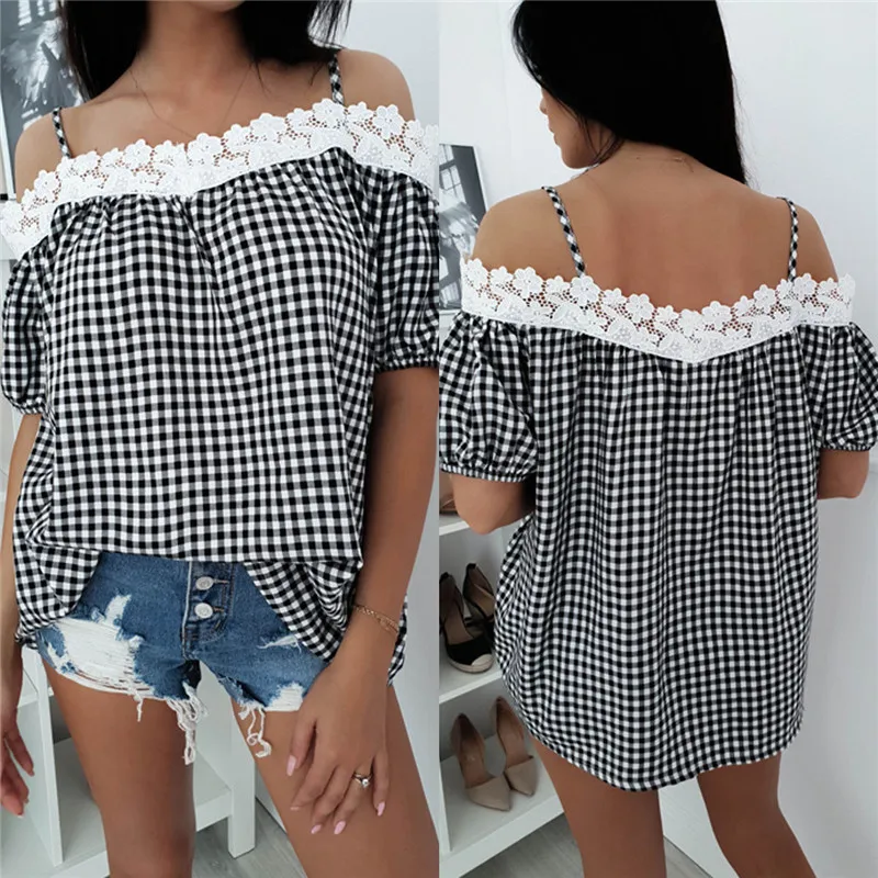 Сексуальная клетчатая рубашка с открытыми плечами 2018 Летняя одежда женская