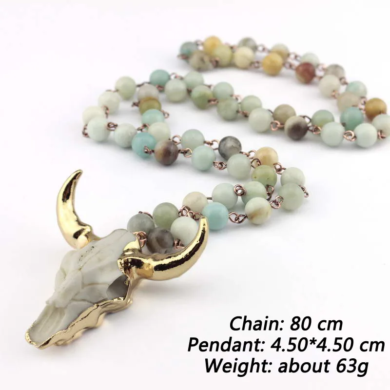 Fashion Bohemian Handmade Tribal Jewelry Round Beads Amazonite Stones Rosary Chain Statement Horn For Women Pendant Necklace