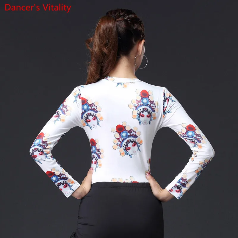 Women Long Sleeve Milk Silk Latin Dance Blouse Top Practice Sexy printing Round Neck White Black Free Shipping | Тематическая