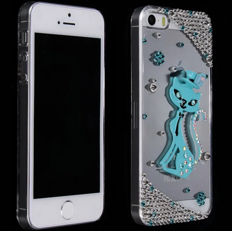 Синий Кот Ясно Bling Горный Хрусталь Кристалл Алмаза Телефон Дело Чехол для iPhone 5