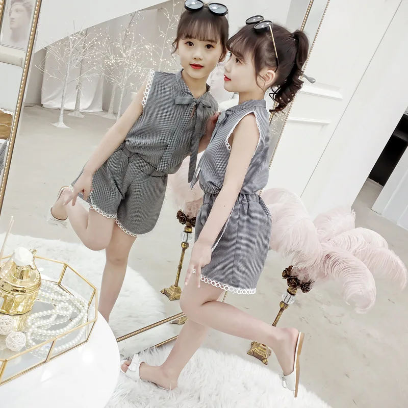 Летняя одежда для девочек милая кружевная рубашка в клетку + шорты комплекты из 2