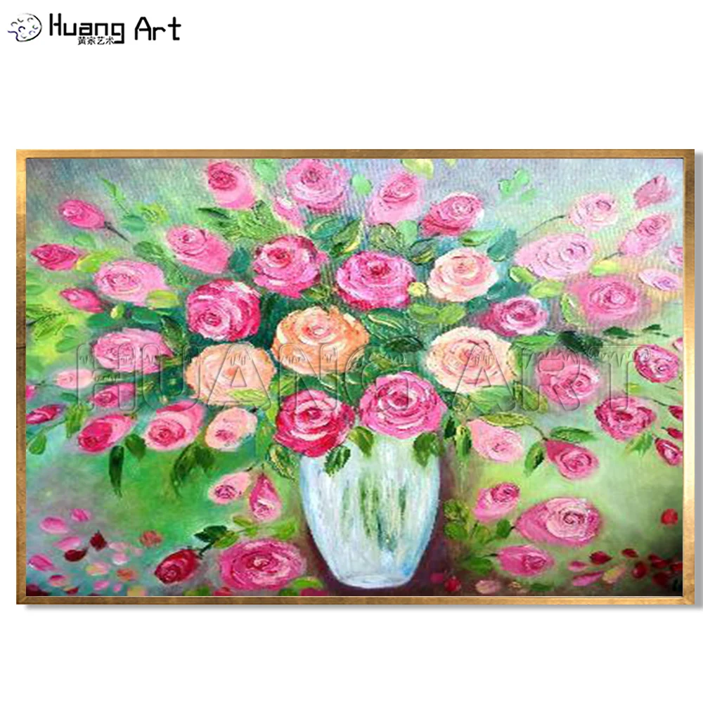 

New Style Hand-painted Modern Rose Oil Painting on Canvas for Bed Room Decor Handmade Knife Pink Flower Vase Hang Painting