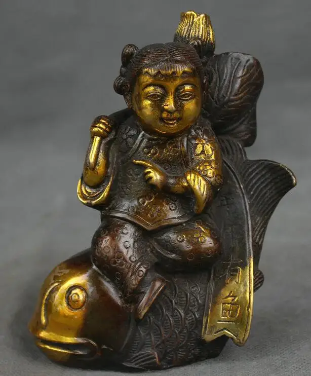 zhmui88002841329++5" Marked Old Chinese Bronze Gilt Feng Shui Boy Lad Kid Ride Fish Wealth Statue | Дом и сад