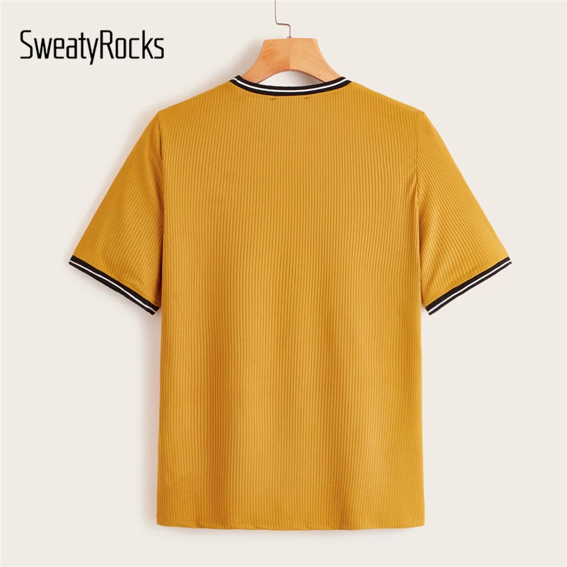 SweatyRocks, вязанные полосатые женские футболки, летние, короткий рукав, элегантная обтягивающая футболка, для женщин, с круглым вырезом, тонкие пуловеры, топы