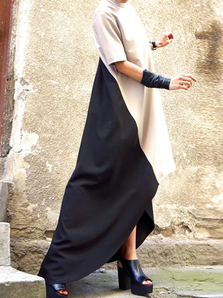 

2019 women summer new high collar front short long irregular mosaic dress short sleeve loose Maxi dress Pleated Hem Dress