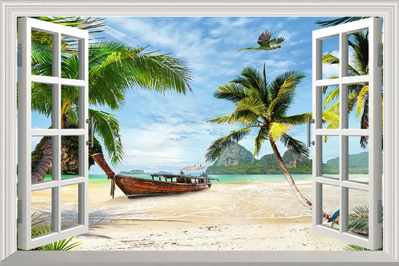 Beach Palms Wall Decal 3D Window Open View Sticker Seascape Islands Mural Sun Shine Vinyl Home Decor 50x75cm | Дом и сад
