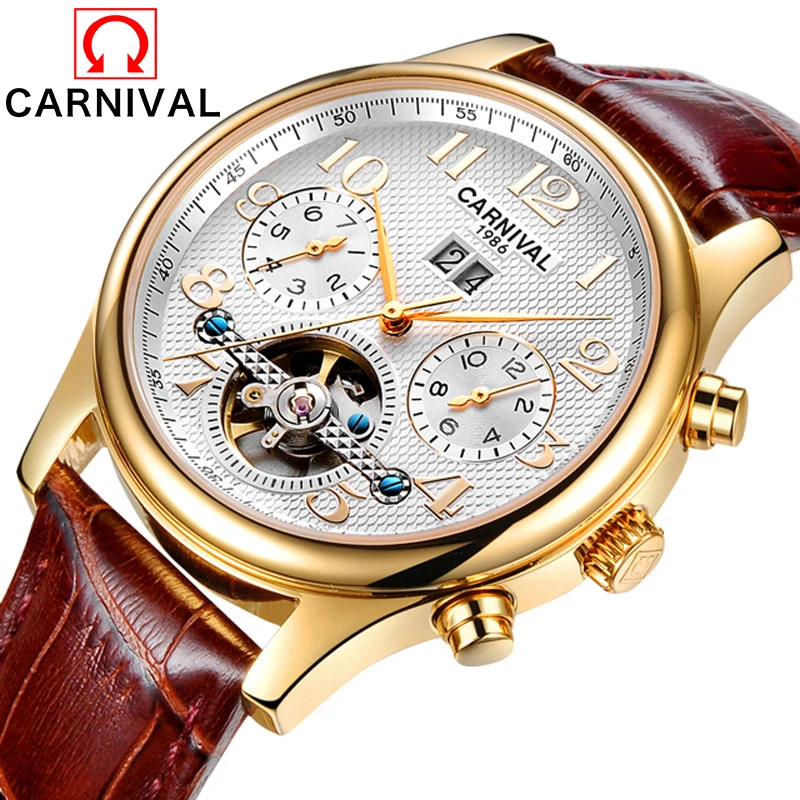 

CARNIVAL Skeleton Tourbillon Mechanical Watch Men Automatic Classic Rose Gold Leather Mechanical Wrist Watches Reloj Hombre 2019
