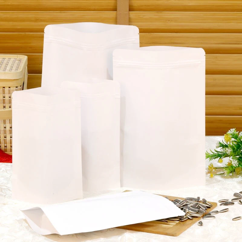

Many Sizes 100pcs Tear Notch Stand Up Pouches White Zip Lock Kraft Paper Bag