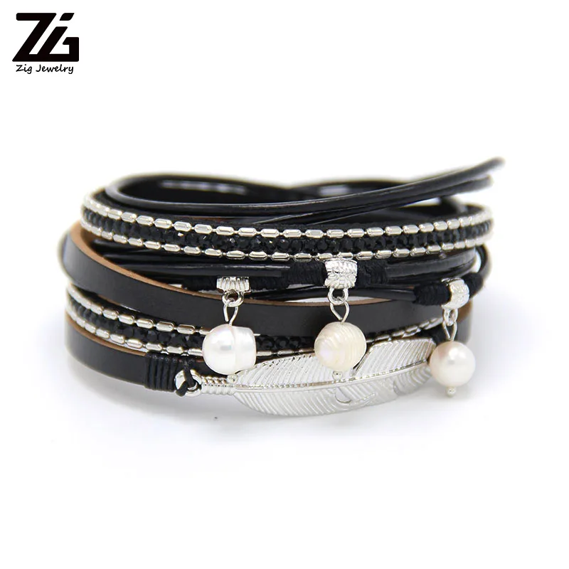 Женский многослойный браслет ZG кожаный с кристаллами и металлическими бусинами