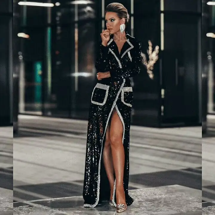 Новинка 2019 модные черные пальто женские вязаные куртки расшитая блестками