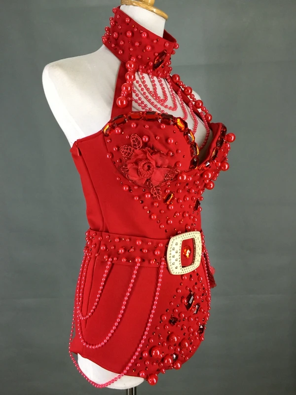Beading Halter Bodysuit Red White Pearls Crystals Jumpsuit Women Sexy Backless Costume Nightclub Bar DJ Singer Show Stage Outfit
