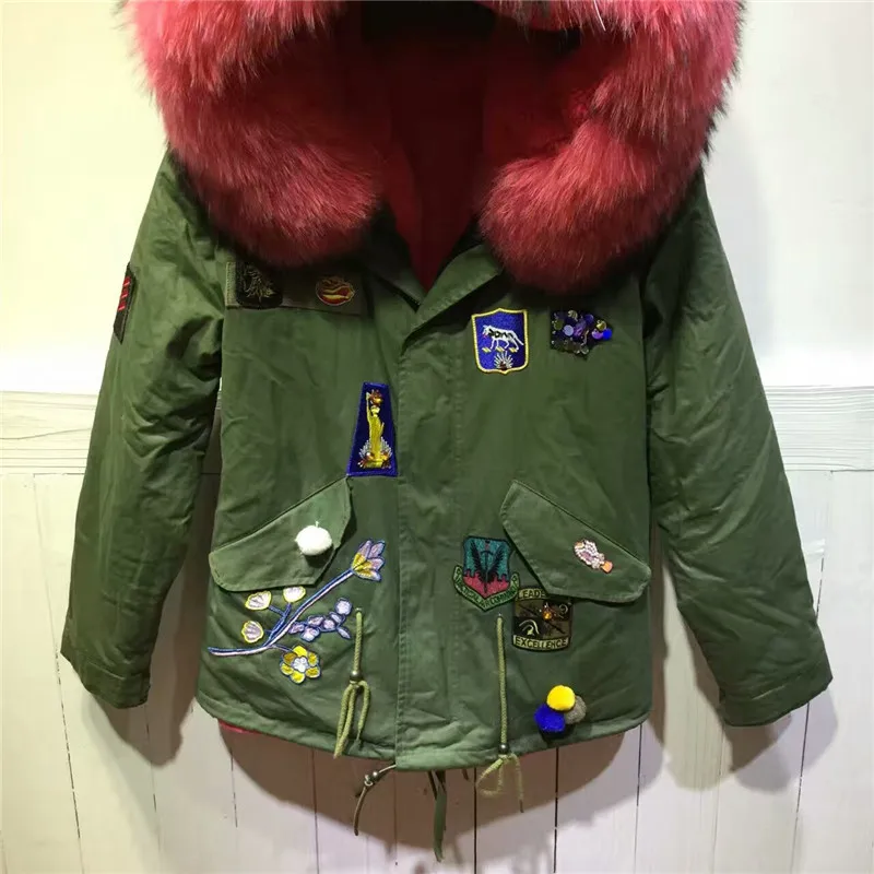 Новый стиль пальто с цветочным узором армейский зеленый мех зимняя куртка