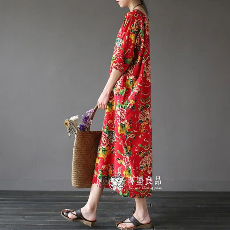 Женское льняное платье с цветочным принтом Свободное длинное в китайском стиле