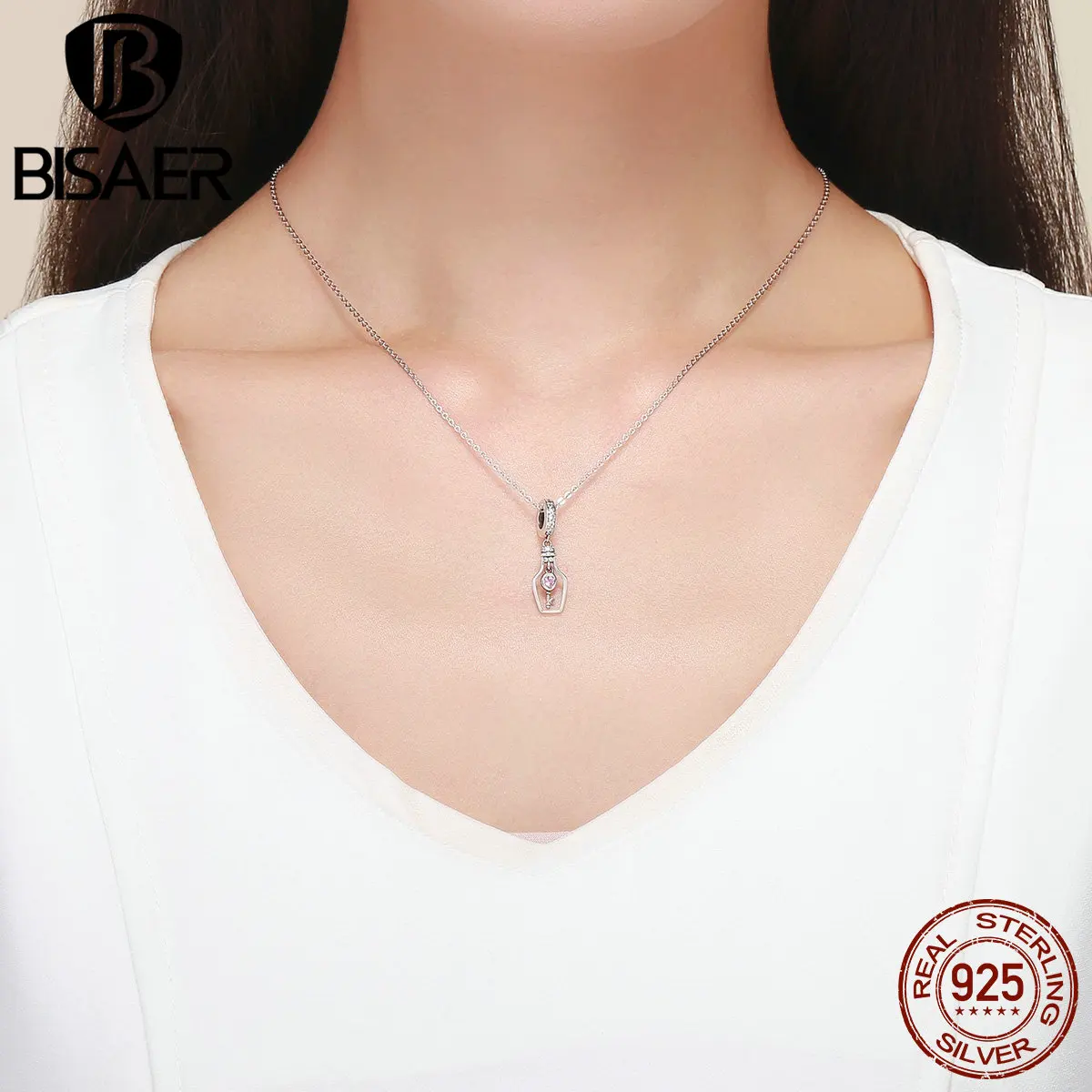 BISAER Аутентичные 925 пробы Серебряные Брелоки для ключей, прозрачные чешские бусины, подходят для женских браслетов, серебряные 925 ювелирных изделий ECC1071