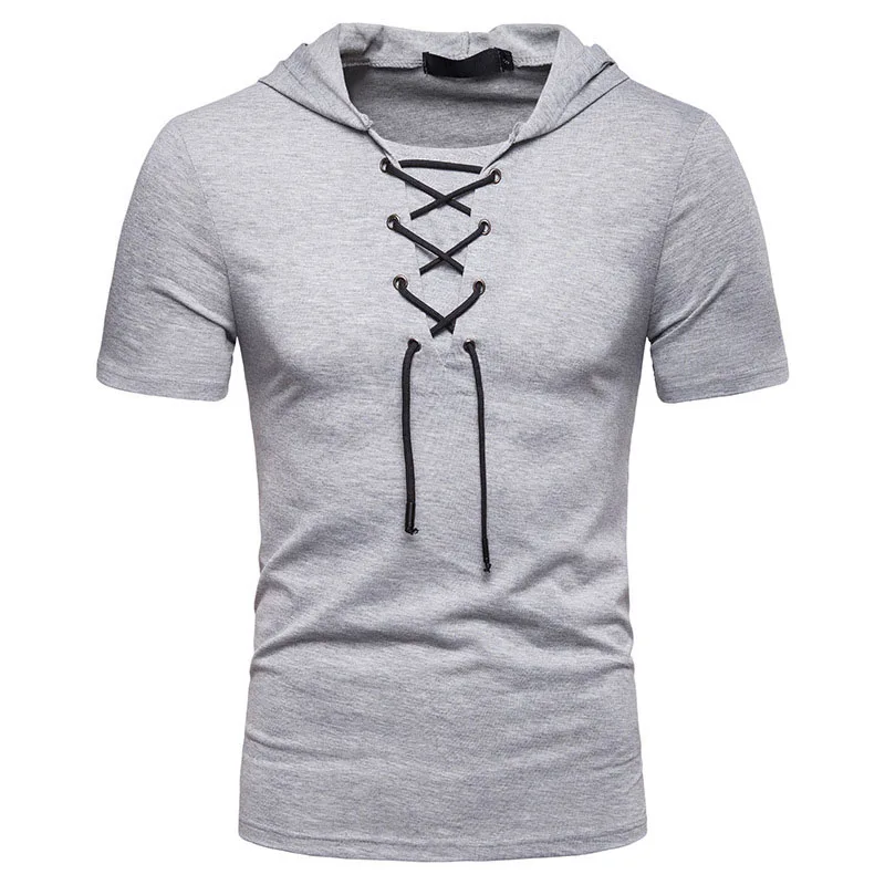 Light gray Мужская футболка с капюшоном, новинка, короткий рукав, уличная одежда, круглый вырез, мужские футболки, летние, повседневные, облегающие, с капюшоном, футболка, Homme, топы, футболки - Цвет: Light gray