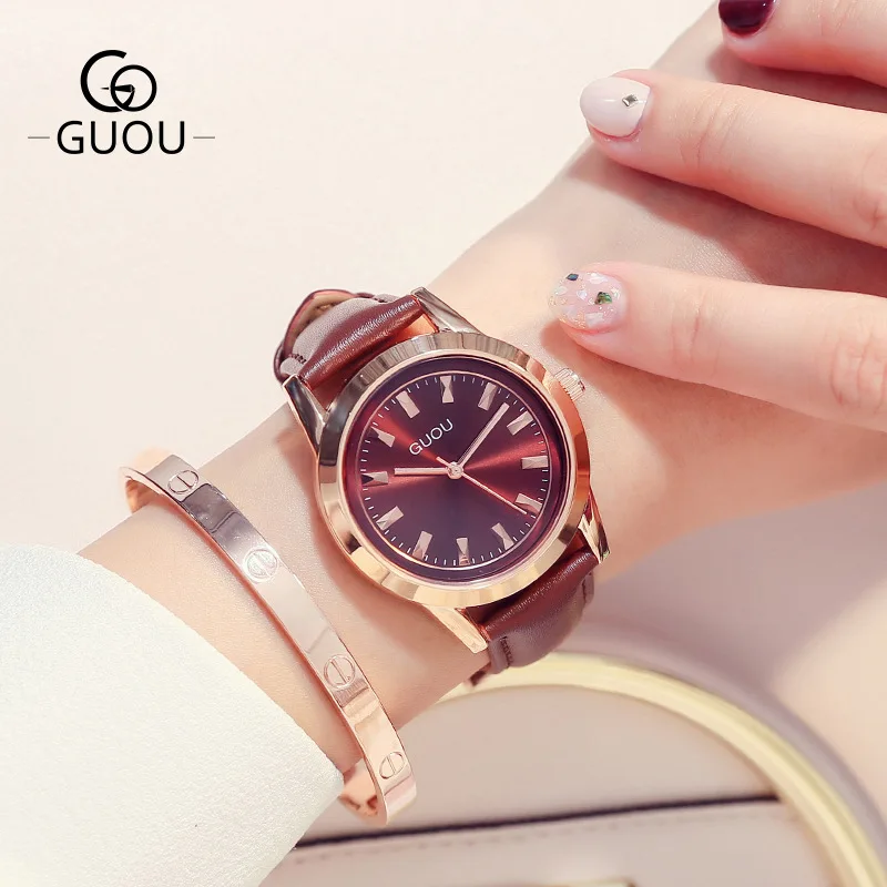 Роскошные GUOU Для женщин часы женский Девушки натуральная Кожаные модельные